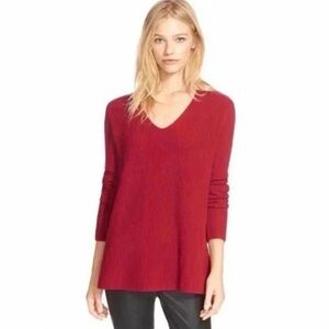 Vince Cashmere Rib V-Neck Tunic Sweater Deep Red